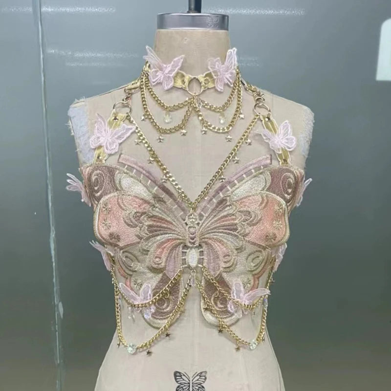 Women's Butterfly Embroidered Top Crystal Chain Sleeveless Cropped Top Camisole Backless Adjustable Sexy Beach Holiday Y2K Top