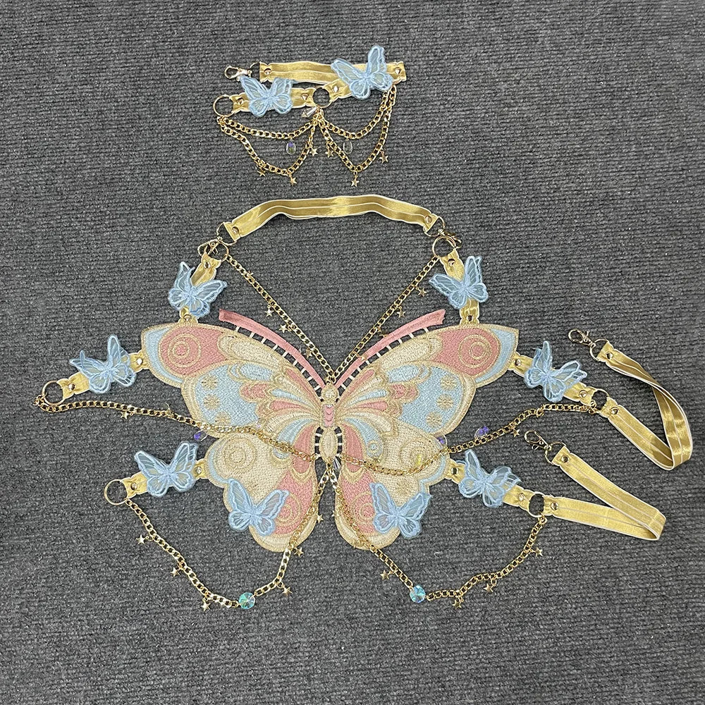 Women's Butterfly Embroidered Top Crystal Chain Sleeveless Cropped Top Camisole Backless Adjustable Sexy Beach Holiday Y2K Top