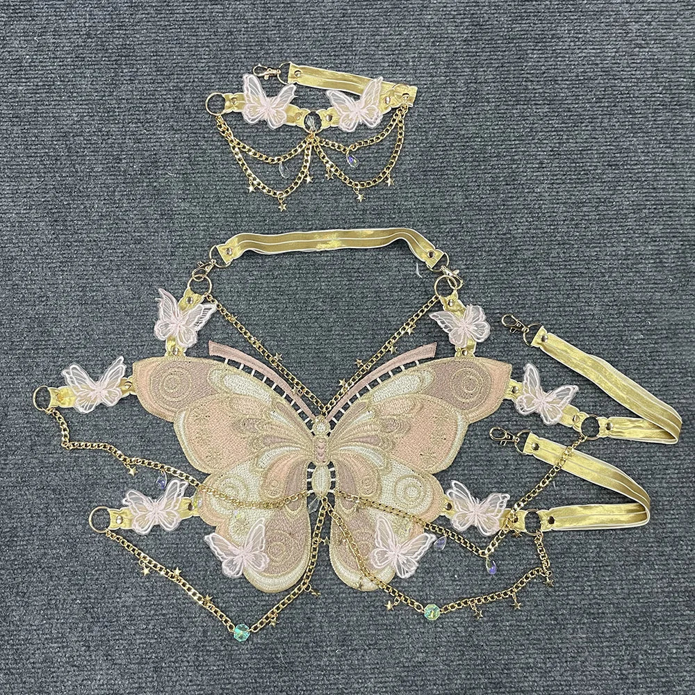 Women's Butterfly Embroidered Top Crystal Chain Sleeveless Cropped Top Camisole Backless Adjustable Sexy Beach Holiday Y2K Top