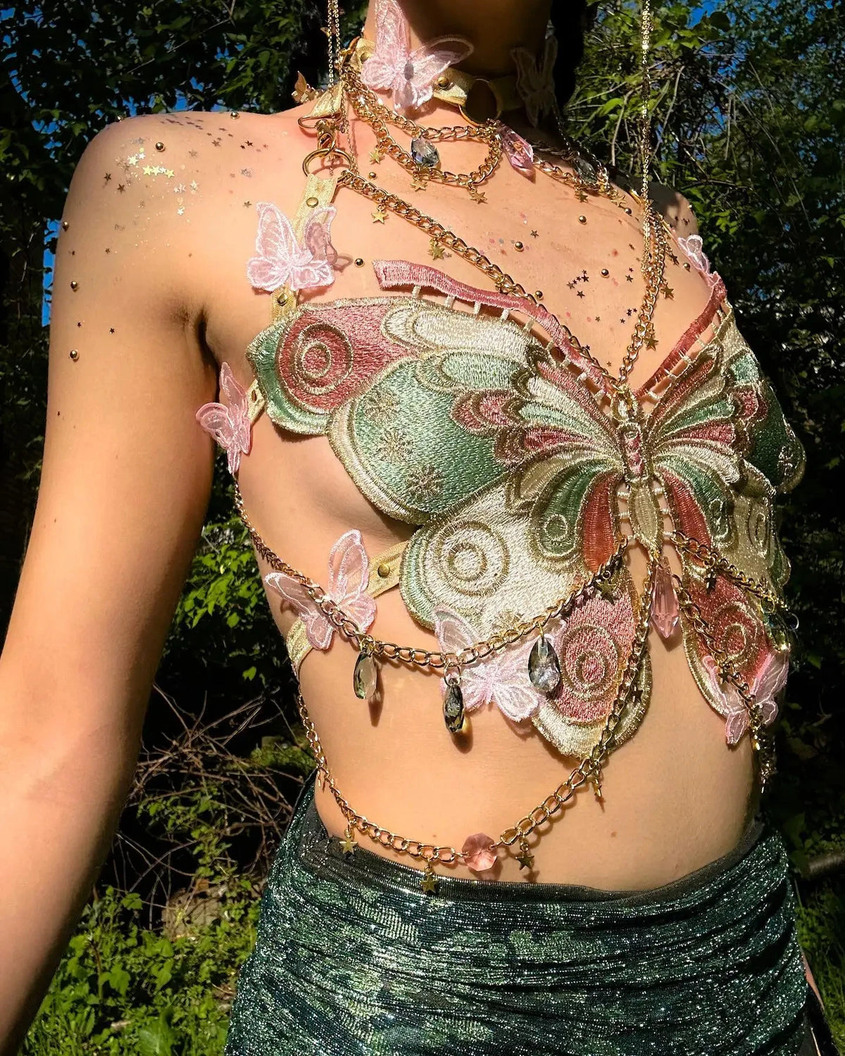 Women's Butterfly Embroidered Top Crystal Chain Sleeveless Cropped Top Camisole Backless Adjustable Sexy Beach Holiday Y2K Top