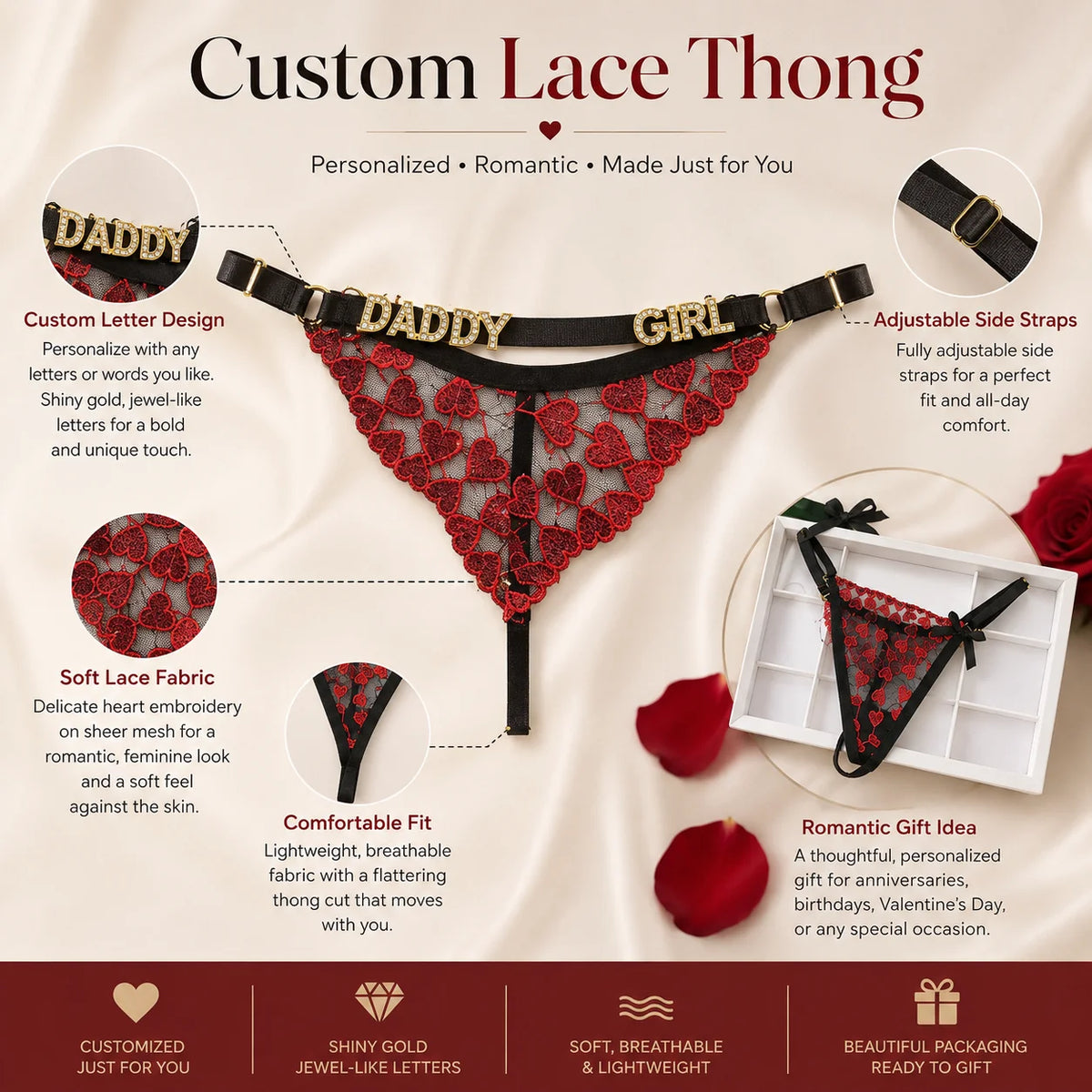 Customized Name Thong Panties with Rhinestone Letters Custom Thongs Personalized Thongs Sexy G-String Tanga Bikini Jewelry Gift