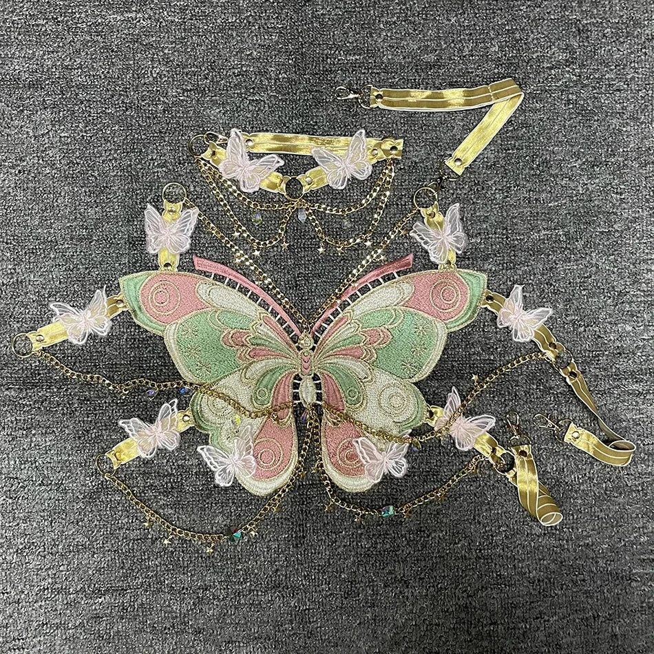 Women's Butterfly Embroidered Top Crystal Chain Sleeveless Cropped Top Camisole Backless Adjustable Sexy Beach Holiday Y2K Top