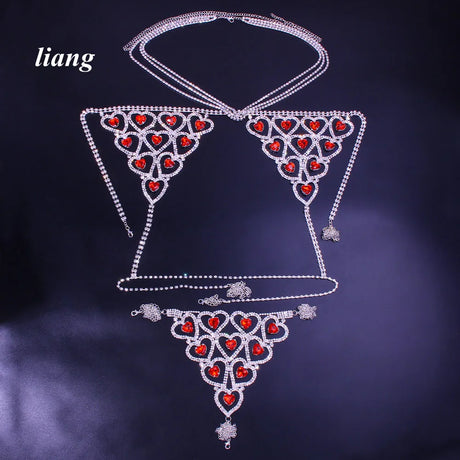 Sexy Bikini Crystal Body Chain Love Type Bra Chain Three-point Thong Underwear Tassel European And American Fashion Nightclub