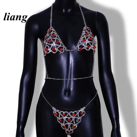 Sexy Bikini Crystal Body Chain Love Type Bra Chain Three-point Thong Underwear Tassel European And American Fashion Nightclub