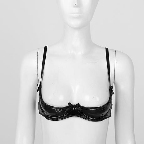 Womens Lingerie Open Breast Bras Wet Look Patent Leather Sexy Open Chest Quarter Cup Brassier Strappy Underwired Bra Underwear