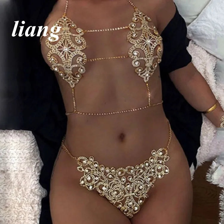 Bikini Crystal Chest Chain Suit Fashion Sexy Three-point T-ShapedPants Body Chain Girls Sexy Underwear Chain Bra Chain Underwear