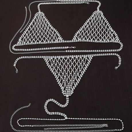 Stonefans Boho Rhinestone Grid Chest Chain and Thong Jewellery Lingerie Panties Women's Harness Bra Sexy Mesh Bodies Accessories