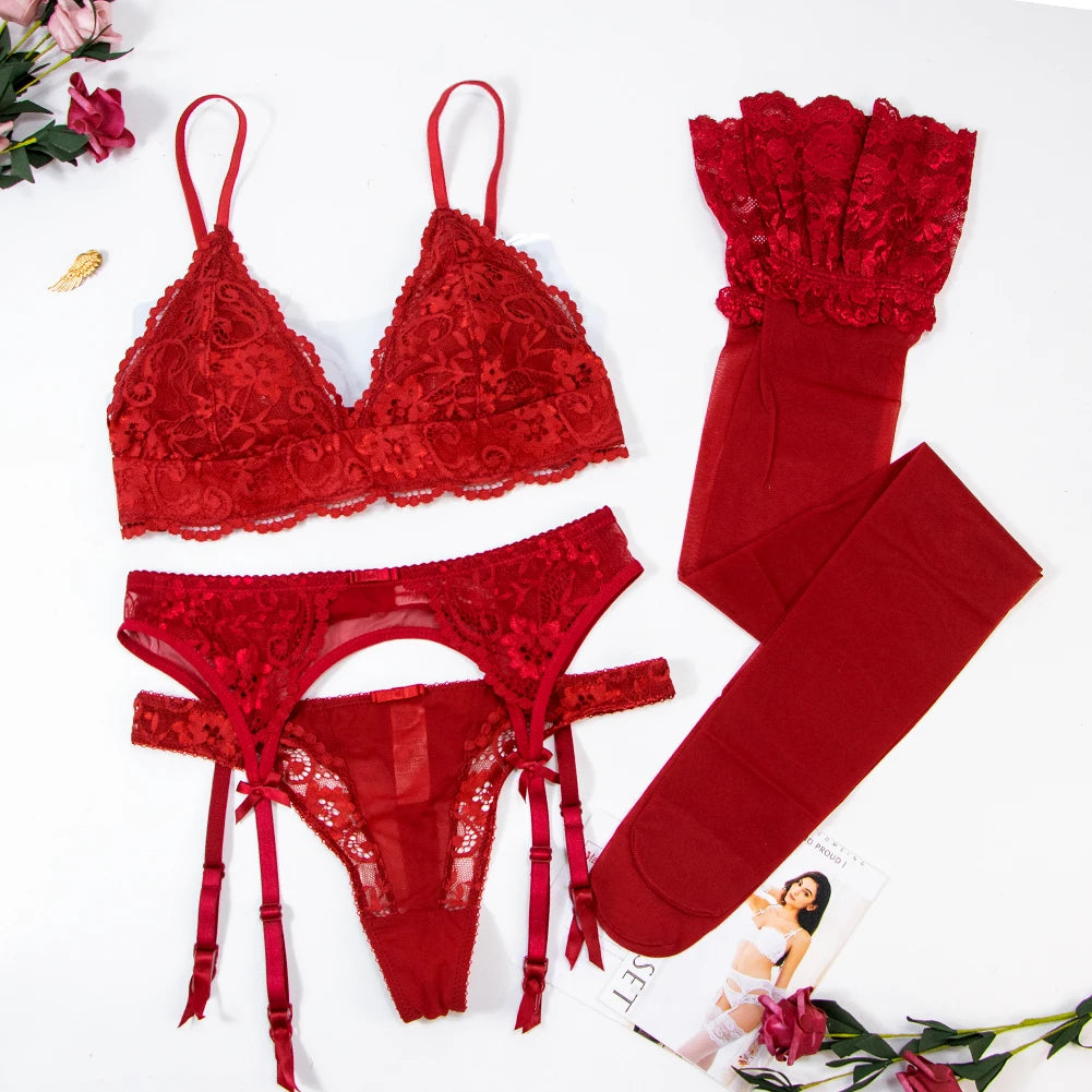 Varsbaby 4pcs/set Women's Underwear Set Lace Sexy Lingerie Set Wireless Deep V Bra Sexy Bra G-string Garter And Stockings Set