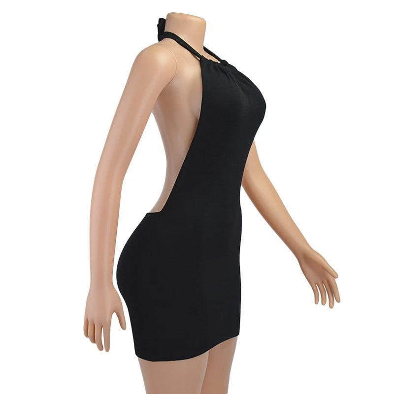 Black Bodycon Dress Women Halter Sexy Skinny Hollow Out Backless Mini Dresses Hot Summer Sleeveless Beach Party Cut Out Dress