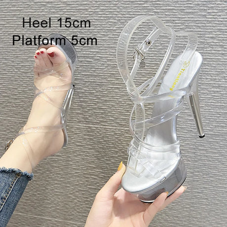 New Sexy Versatile Fashion Women's Shoes 15cm Thin Heel Transparent Catwalk High Heels Crystal Sandals Model Performance Shoes