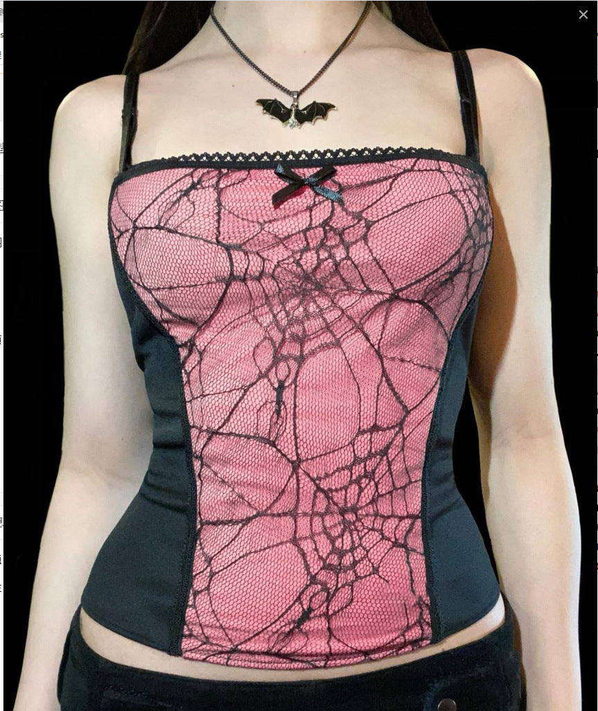 Combhasaki Summer Women's Sexy Gothic Halloween Backless Camisole Spider Web Lace Edge Back Zipper Sleeveless Slim Fit Tops