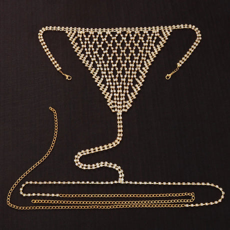 Stonefans Boho Rhinestone Grid Chest Chain and Thong Jewellery Lingerie Panties Women's Harness Bra Sexy Mesh Bodies Accessories