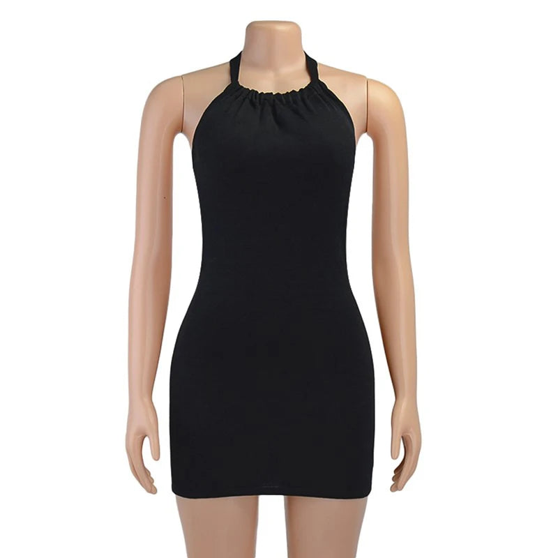 Black Bodycon Dress Women Halter Sexy Skinny Hollow Out Backless Mini Dresses Hot Summer Sleeveless Beach Party Cut Out Dress