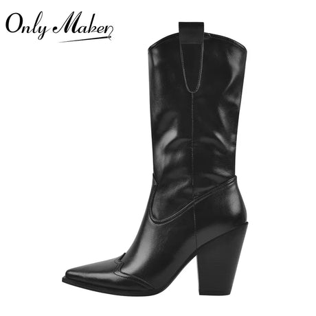 Onlymaker Women Pointed Toe Mid-Calf Boot Matte Black Sewing Embroidered Thick Heels Zipper Winter Big Size Cowboy Boots