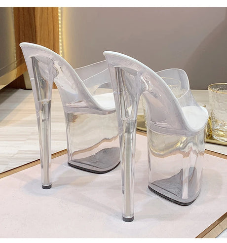 New Sexy Versatile Fashion Women's Shoes 15cm Thin Heel Transparent Catwalk High Heels Crystal Sandals Model Performance Shoes