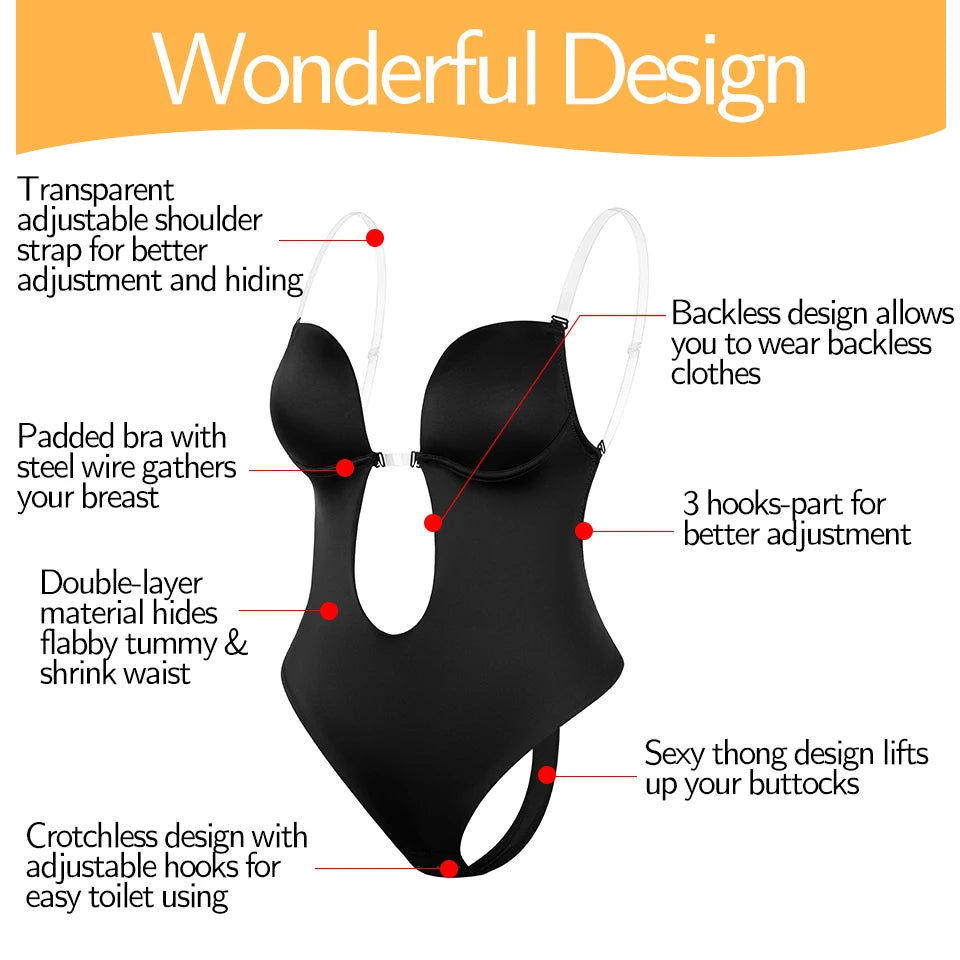Backless Bodysuit Shapewear for Women Built-in Bra Multiple straps Thongs Body Shaper U Plunge Seam-free Faja with Open Crotch