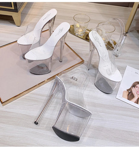 New Sexy Versatile Fashion Women's Shoes 15cm Thin Heel Transparent Catwalk High Heels Crystal Sandals Model Performance Shoes