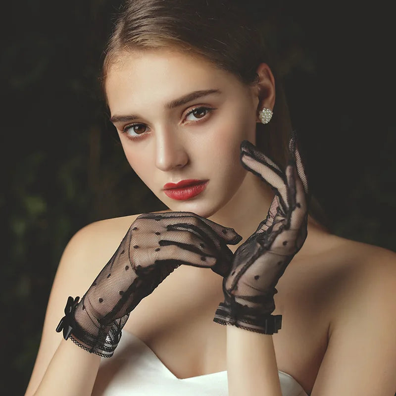 Women Summer Sexy Hollow Transparent Lace Dot Breathable Bowknot Cover Scars Drive Sunscreen Dinner Etiquette Accessories Gloves