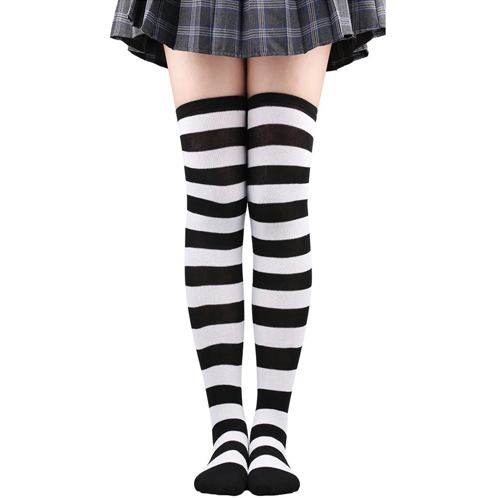 Thigh High Stockings Womens Striped Ladies Girls Black White Pink Long Over Above Knee Socks Femboy Cosplay Lolita Harajuku Y2k