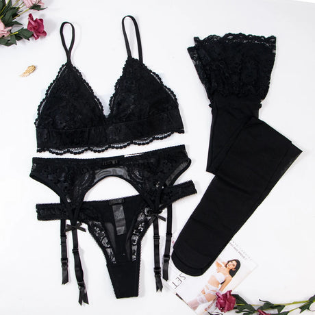 Varsbaby 4pcs/set Women's Underwear Set Lace Sexy Lingerie Set Wireless Deep V Bra Sexy Bra G-string Garter And Stockings Set