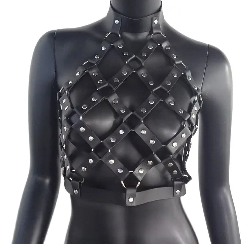 AKYZO Women Body Harness PU Leather 2 Piece Set Black Camis Punk Adjustable Garter Belt Hollow Out Weaved Belt Backless Skirts