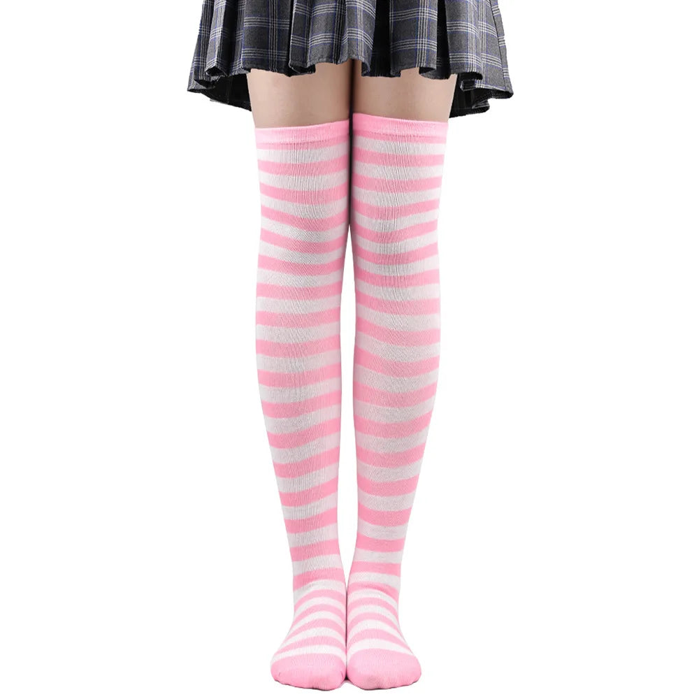 Thigh High Stockings Womens Striped Ladies Girls Black White Pink Long Over Above Knee Socks Femboy Cosplay Lolita Harajuku Y2k