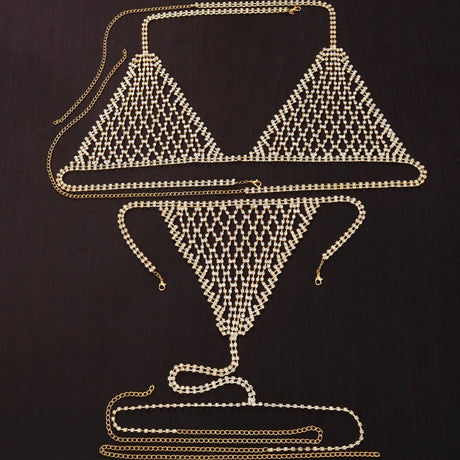 Stonefans Boho Rhinestone Grid Chest Chain and Thong Jewellery Lingerie Panties Women's Harness Bra Sexy Mesh Bodies Accessories