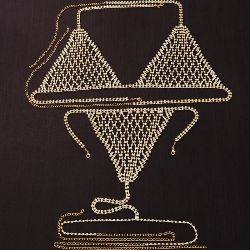 Stonefans Boho Rhinestone Grid Chest Chain and Thong Jewellery Lingerie Panties Women's Harness Bra Sexy Mesh Bodies Accessories