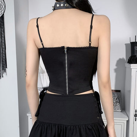 Combhasaki Summer Women's Sexy Gothic Halloween Backless Camisole Spider Web Lace Edge Back Zipper Sleeveless Slim Fit Tops