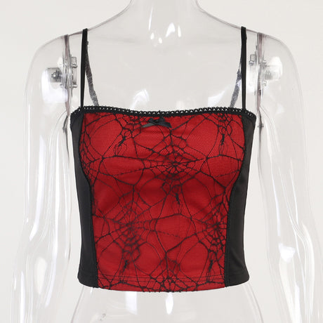 Combhasaki Summer Women's Sexy Gothic Halloween Backless Camisole Spider Web Lace Edge Back Zipper Sleeveless Slim Fit Tops
