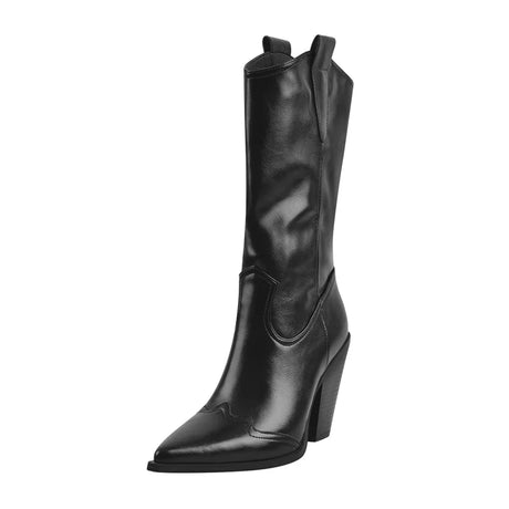 Onlymaker Women Pointed Toe Mid-Calf Boot Matte Black Sewing Embroidered Thick Heels Zipper Winter Big Size Cowboy Boots