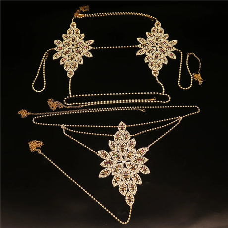 Fashion Sexy Body Jewelry Set Rhinestone Chain Bra and Thong Glisten Harness Set Chest Chain and Panties Flower Lingerie Chain