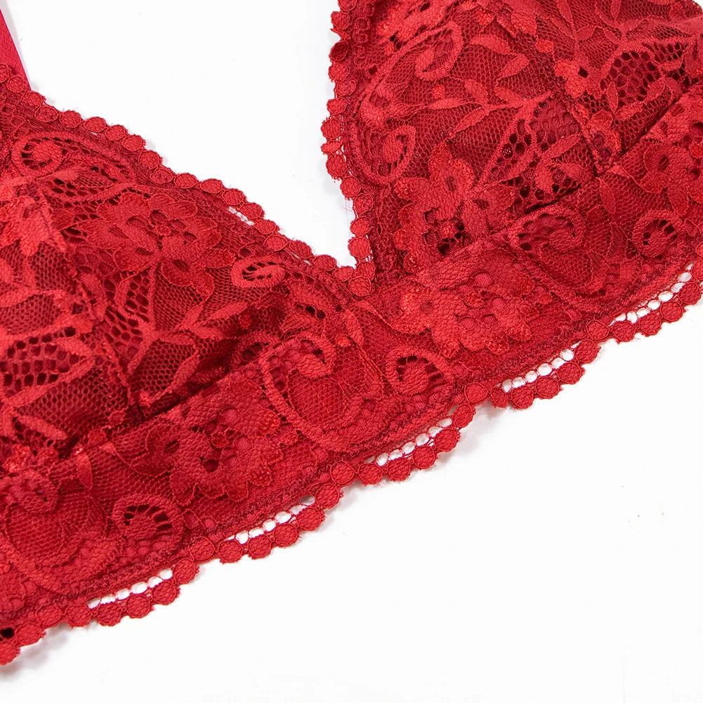 Varsbaby 4pcs/set Women's Underwear Set Lace Sexy Lingerie Set Wireless Deep V Bra Sexy Bra G-string Garter And Stockings Set