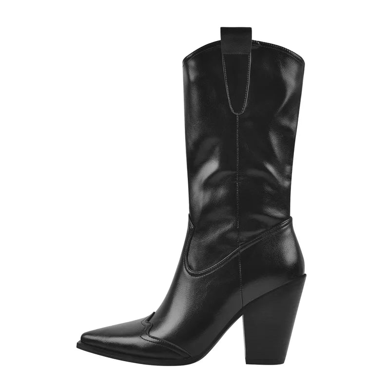 Onlymaker Women Pointed Toe Mid-Calf Boot Matte Black Sewing Embroidered Thick Heels Zipper Winter Big Size Cowboy Boots