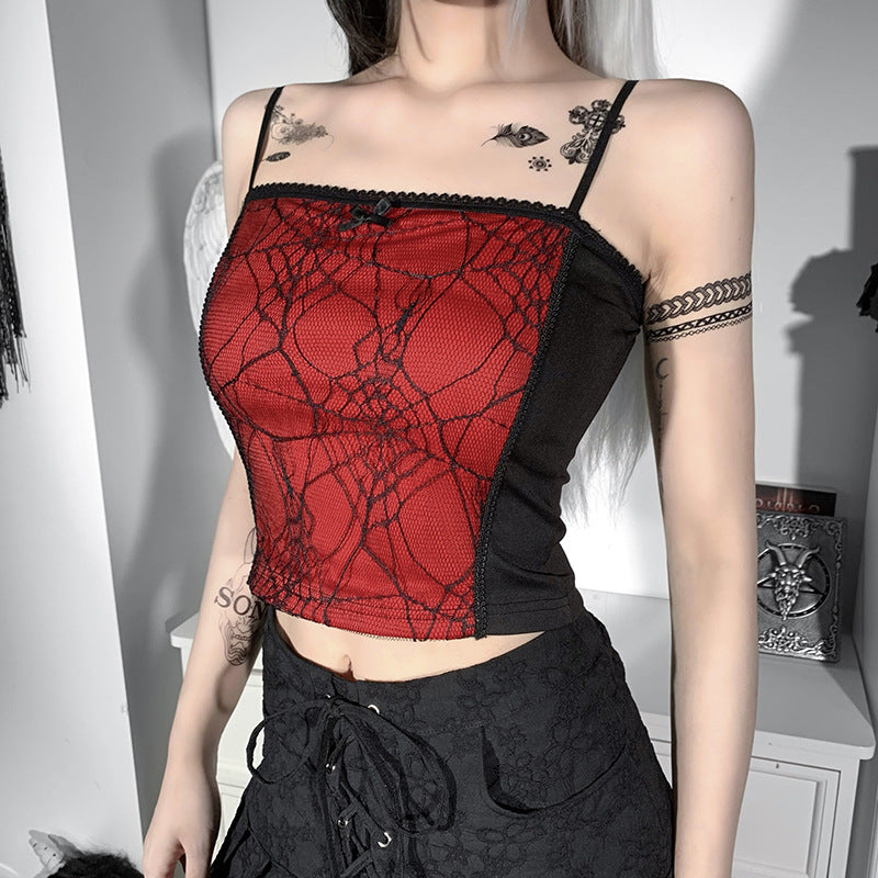 Combhasaki Summer Women's Sexy Gothic Halloween Backless Camisole Spider Web Lace Edge Back Zipper Sleeveless Slim Fit Tops