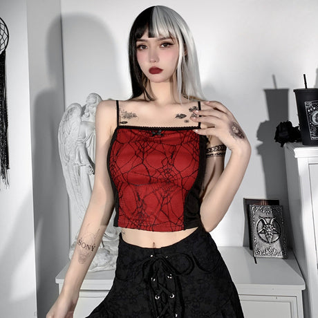 Combhasaki Summer Women's Sexy Gothic Halloween Backless Camisole Spider Web Lace Edge Back Zipper Sleeveless Slim Fit Tops