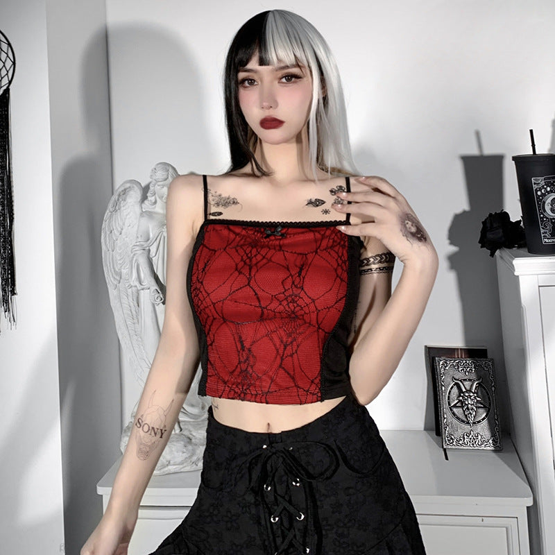 Combhasaki Summer Women's Sexy Gothic Halloween Backless Camisole Spider Web Lace Edge Back Zipper Sleeveless Slim Fit Tops