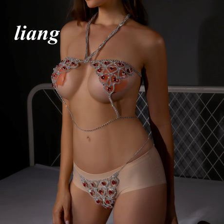 Sexy Bikini Crystal Body Chain Love Type Bra Chain Three-point Thong Underwear Tassel European And American Fashion Nightclub