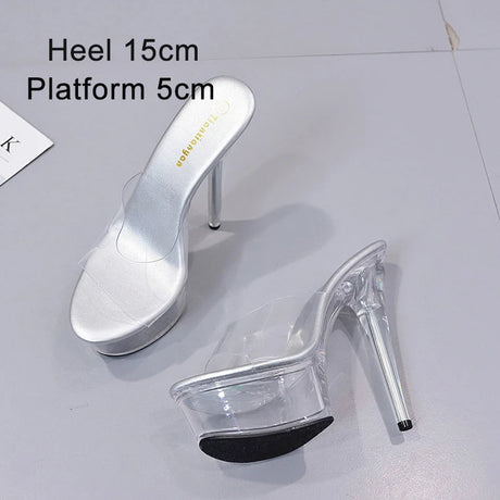 New Sexy Versatile Fashion Women's Shoes 15cm Thin Heel Transparent Catwalk High Heels Crystal Sandals Model Performance Shoes
