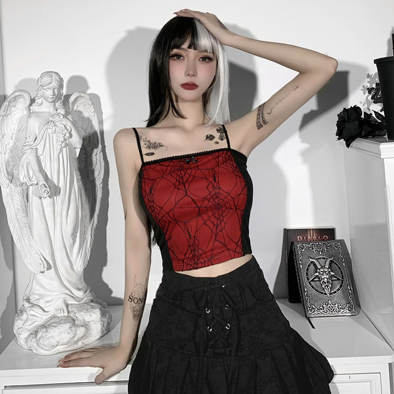 Combhasaki Summer Women's Sexy Gothic Halloween Backless Camisole Spider Web Lace Edge Back Zipper Sleeveless Slim Fit Tops