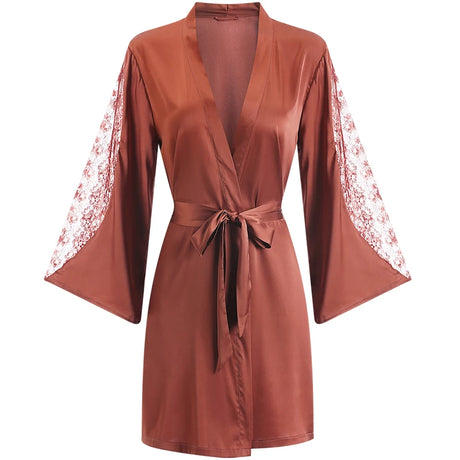 Women Sexy Robe Set Sleepwear Faux Silk Kimono Gown Lacee Lingerie Nightdress Soft Perspective Bridal Wedding Gift
