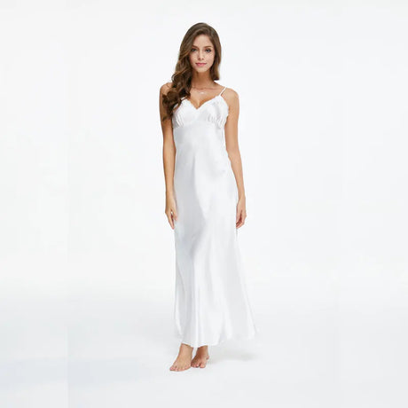 Lace Nightgowns V-neck Sleepdress White Ankle-high Nightwear Women Spaghetti Strap Nightdress Long Sleepwears For Female SLA501W
