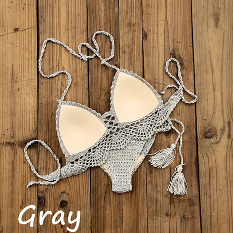 10 Color Hand Crochet Women Swimwear Sexy Crop Top Push up Bikini Set Beach Swimsuit Suit tassel Swim shorts
