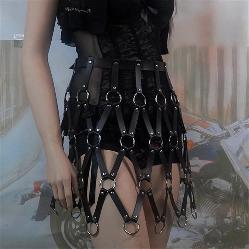 AKYZO Women Body Harness PU Leather 2 Piece Set Black Camis Punk Adjustable Garter Belt Hollow Out Weaved Belt Backless Skirts