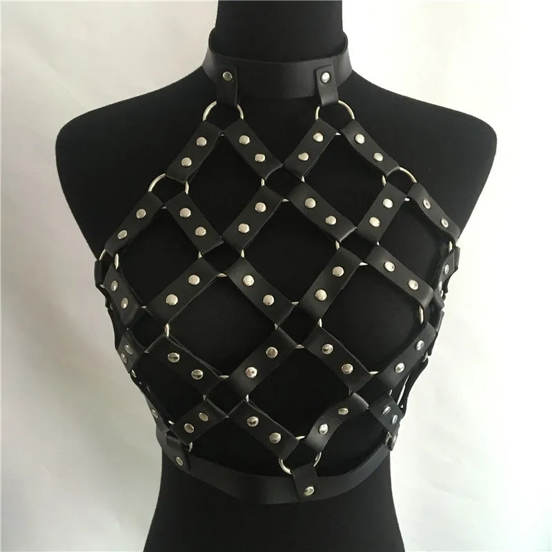 AKYZO Women Body Harness PU Leather 2 Piece Set Black Camis Punk Adjustable Garter Belt Hollow Out Weaved Belt Backless Skirts