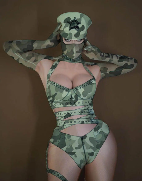 Women Camouflage Jumpsuit Role Playing Costume Bar Nightclub Dancer Sexy Performance Stage Wear Carnival Party Show Rave Outfit