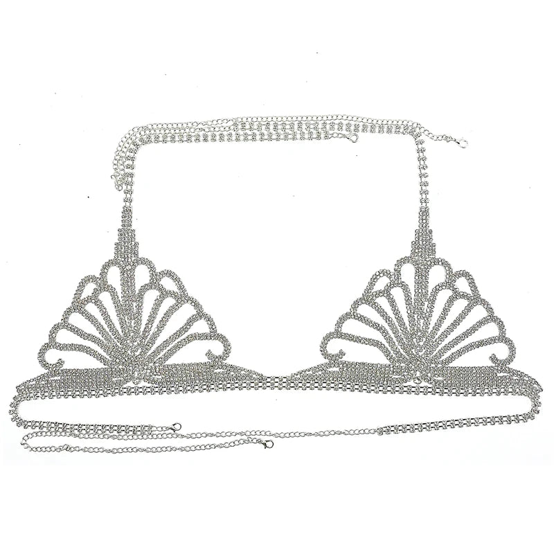 Fashion Hollow Rhinestone Mesh Bra and Thong Set Lingerie Women's Decorations Underwear Festival Bodies Chain Jewelry Harness