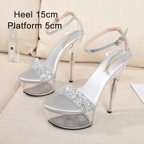 New Sexy Versatile Fashion Women's Shoes 15cm Thin Heel Transparent Catwalk High Heels Crystal Sandals Model Performance Shoes