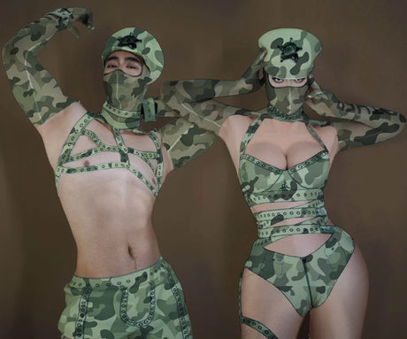 Women Camouflage Jumpsuit Role Playing Costume Bar Nightclub Dancer Sexy Performance Stage Wear Carnival Party Show Rave Outfit