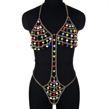 Sexy Women Siamese Bikini Body Chain New Fashion Nightclub Backless Multicolor Beads Hollowout Halter Bra Chain Jewelry